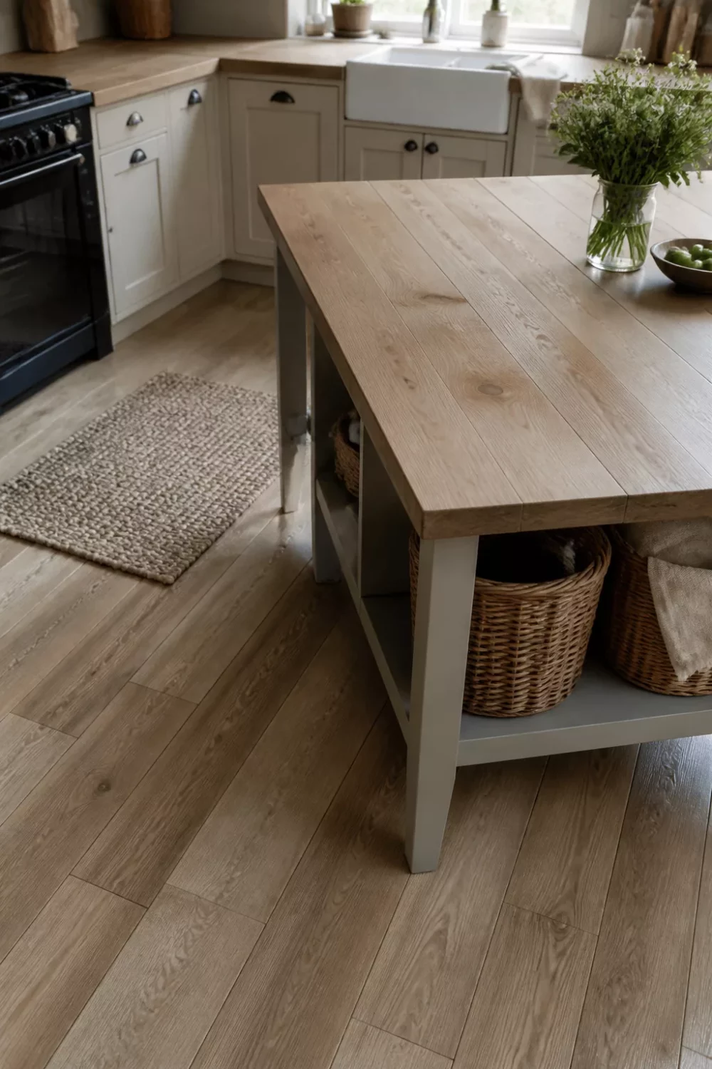 Wide-plank faux wood kitchen countertop on a gray cottage island with wicker basket shelf storage