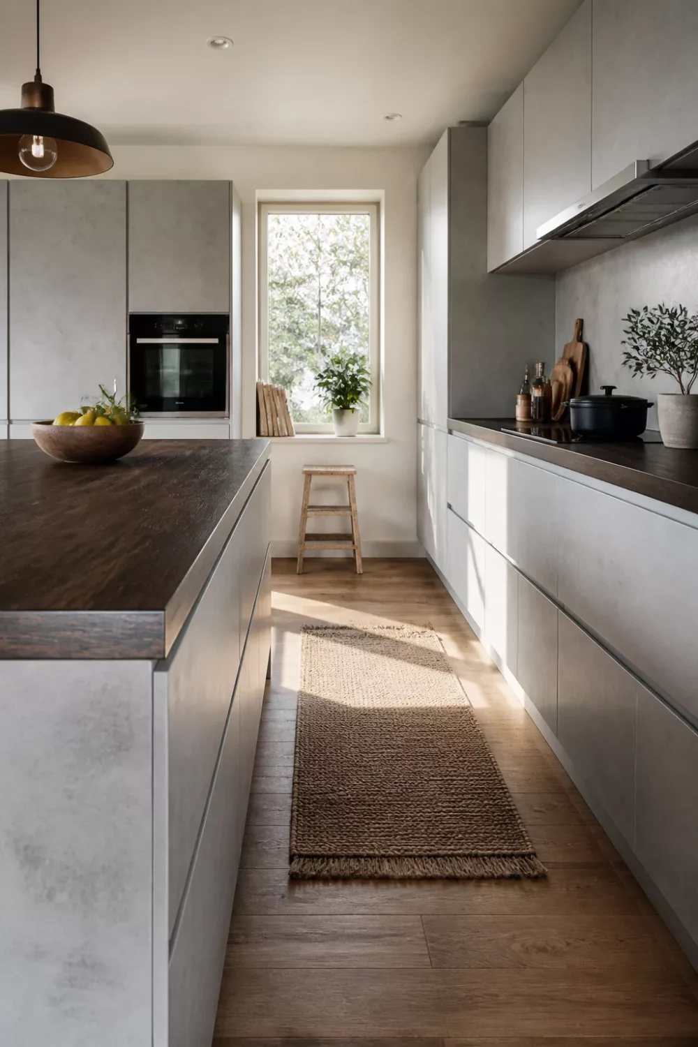 Black walnut-look faux wood kitchen countertops paired with flat concrete-gray handleless cabinets and oak floors.