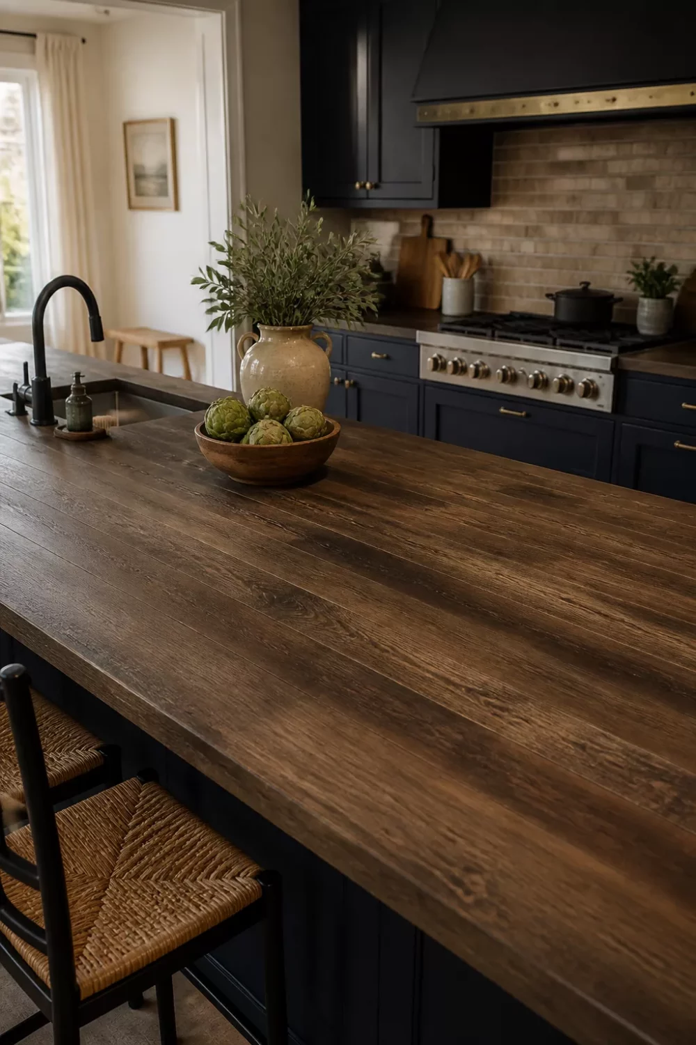Dark walnut faux wood kitchen countertops on a navy shaker cabinet island with brass hardware