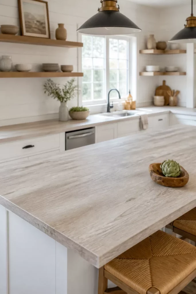Driftwood faux wood kitchen countertops on a white island with matte black pendants and open shelving