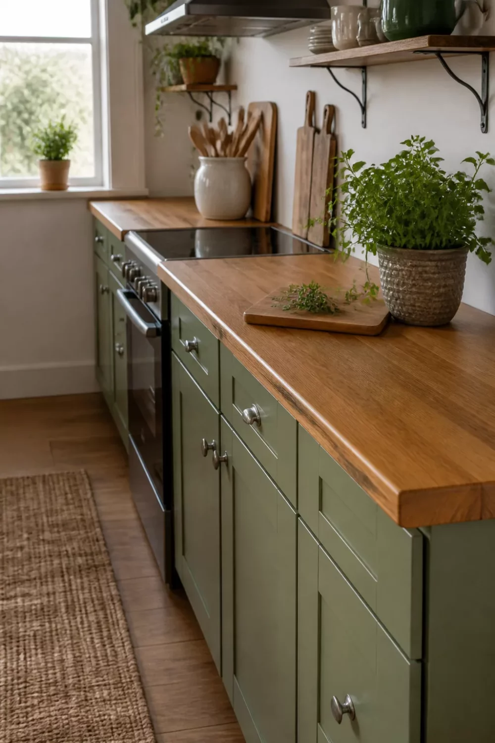 Faux wood kitchen countertops in warm oak laminate paired with sage green shaker cabinets and chrome hardware