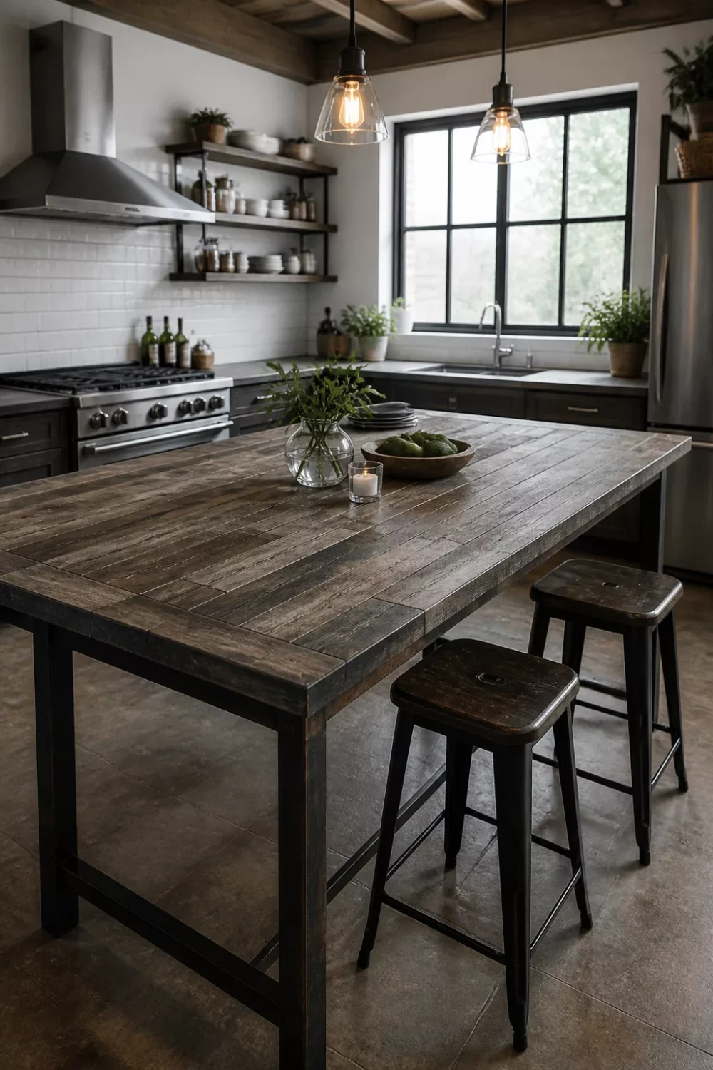 Reclaimed wood-look porcelain faux wood kitchen countertop on a steel-frame island with industrial stools
