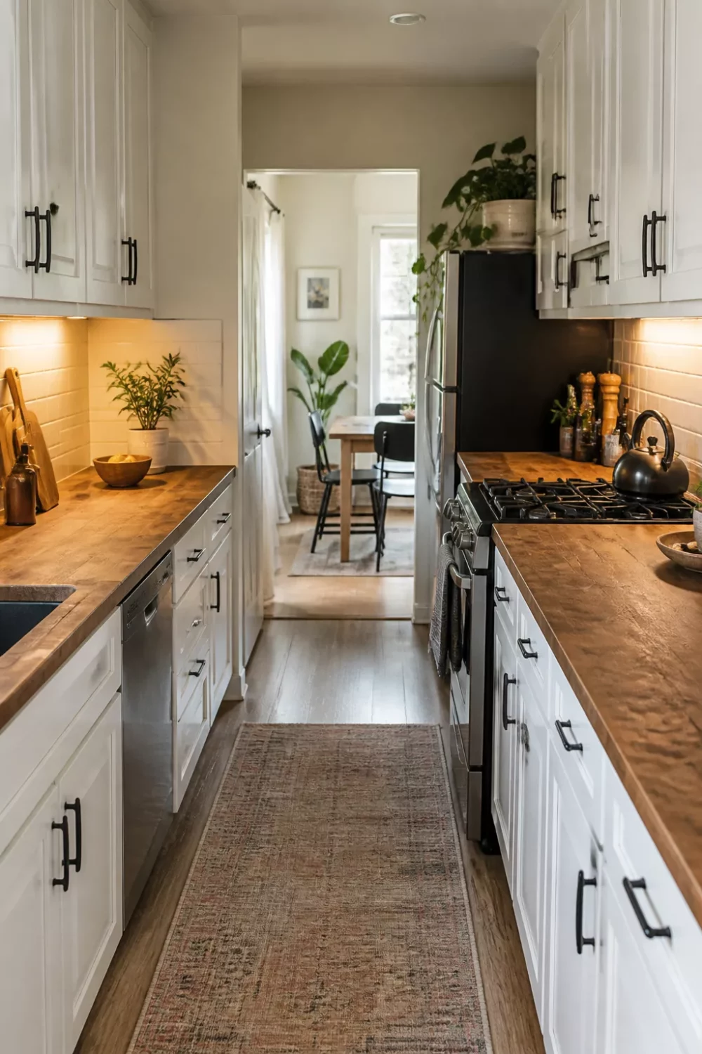 Butcher-block-style faux wood kitchen countertops in a white galley kitchen with matte black hardware and a runner rug.