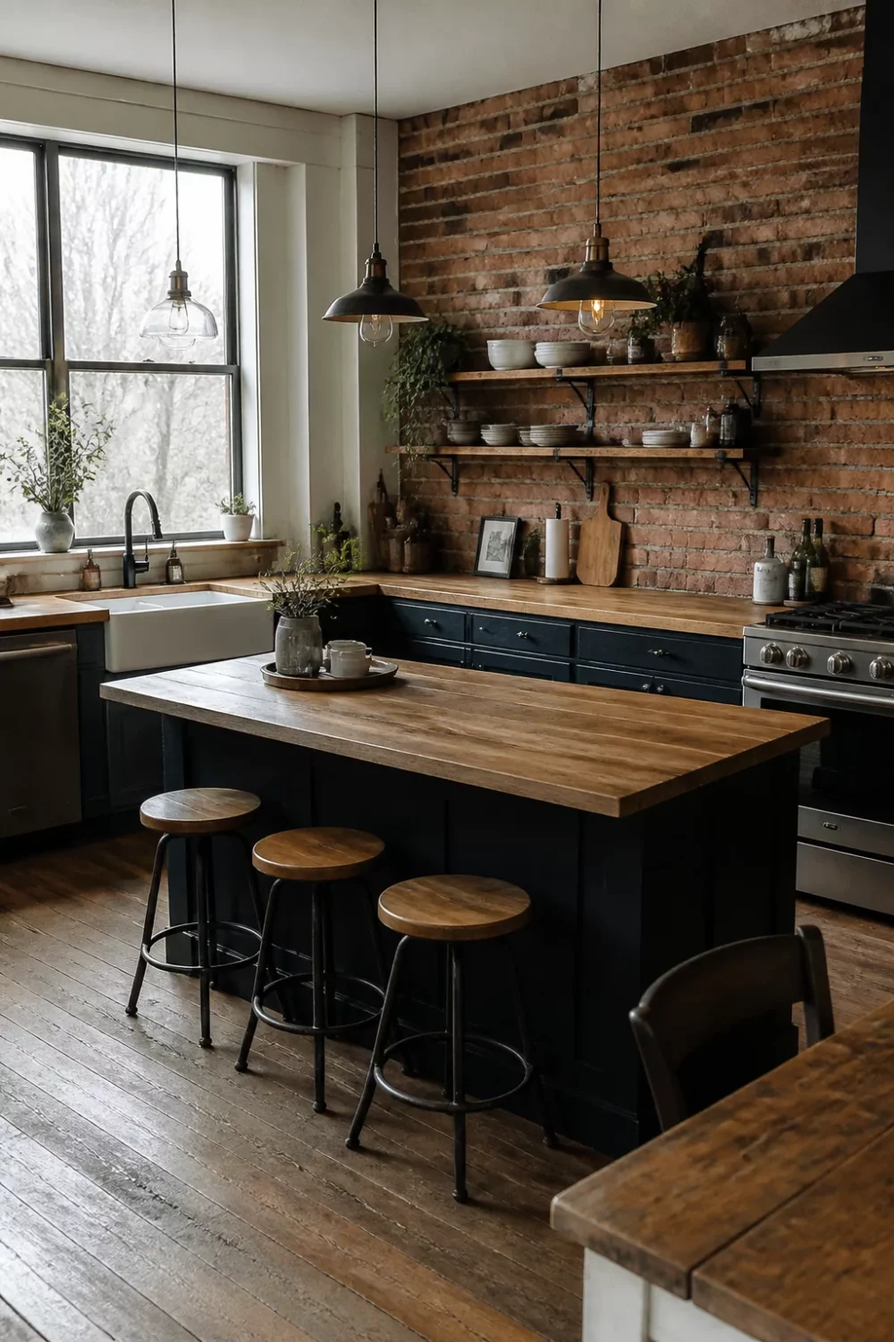 Pine-look faux wood kitchen countertops on dark navy island with exposed brick backsplash and open shelving