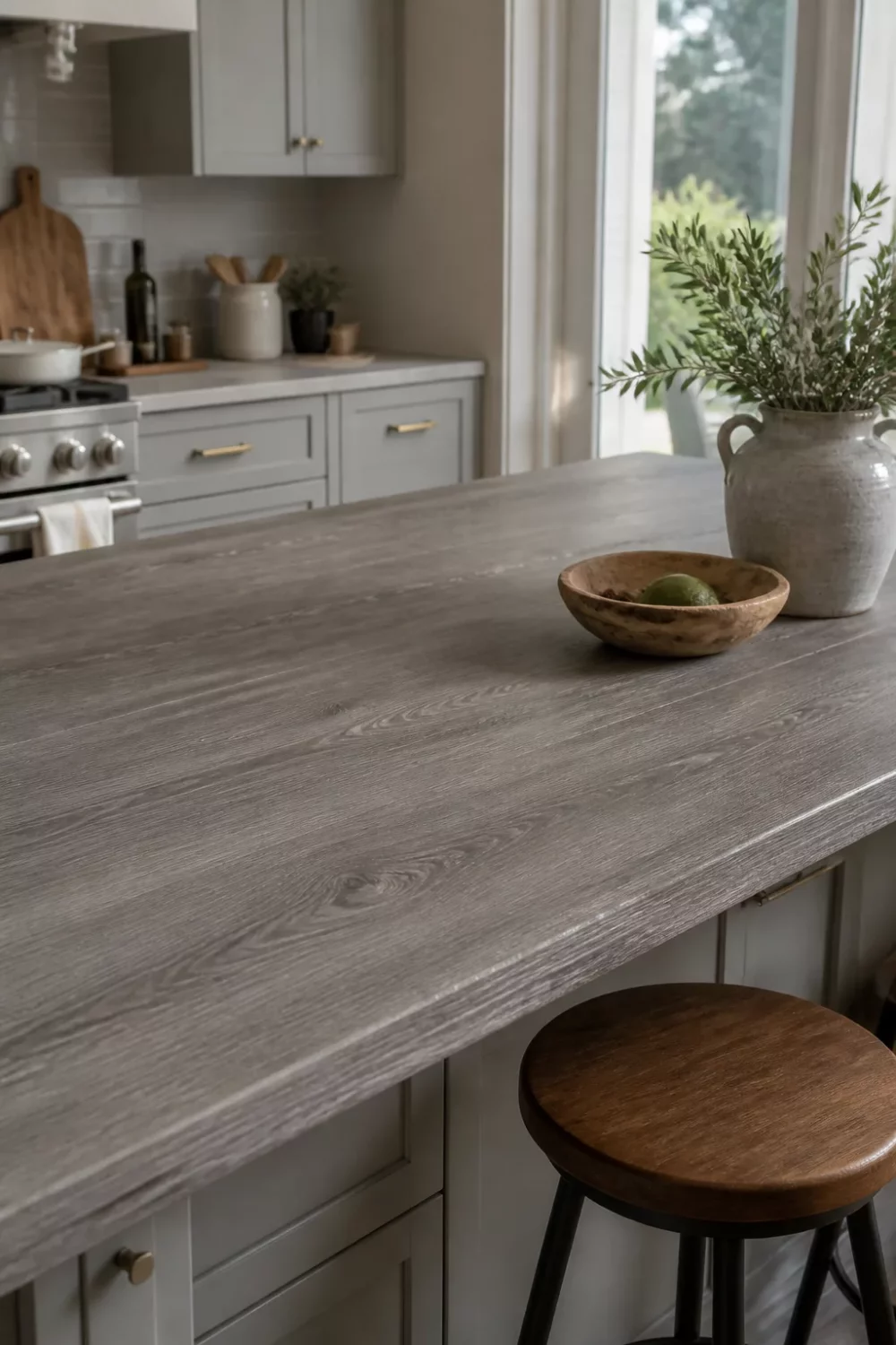 Gray weathered wood-look faux wood kitchen countertop on island with sage cabinets and brass hardware