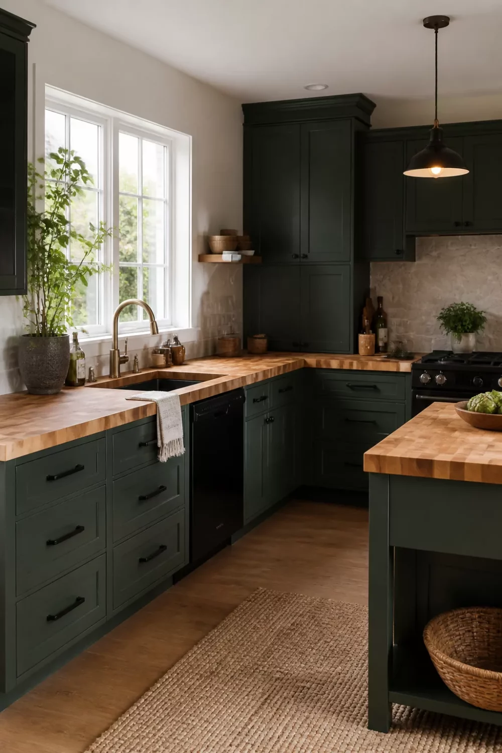Dark forest green shaker kitchen with butcher block countertops, black pulls, and pendant light