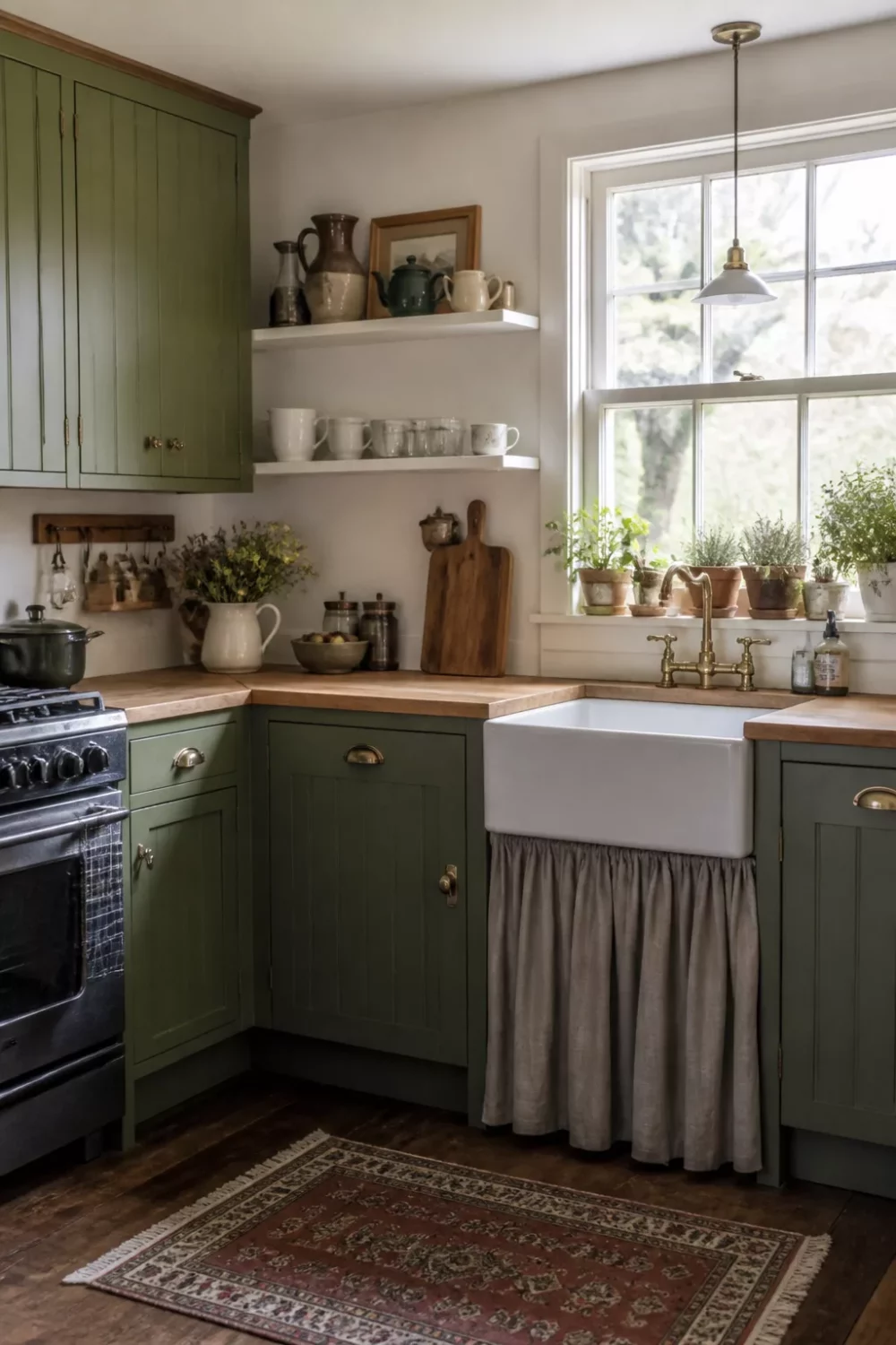 Olive green kitchen with butcher block countertops, farmhouse sink, linen skirt, and open shelves with ceramics.