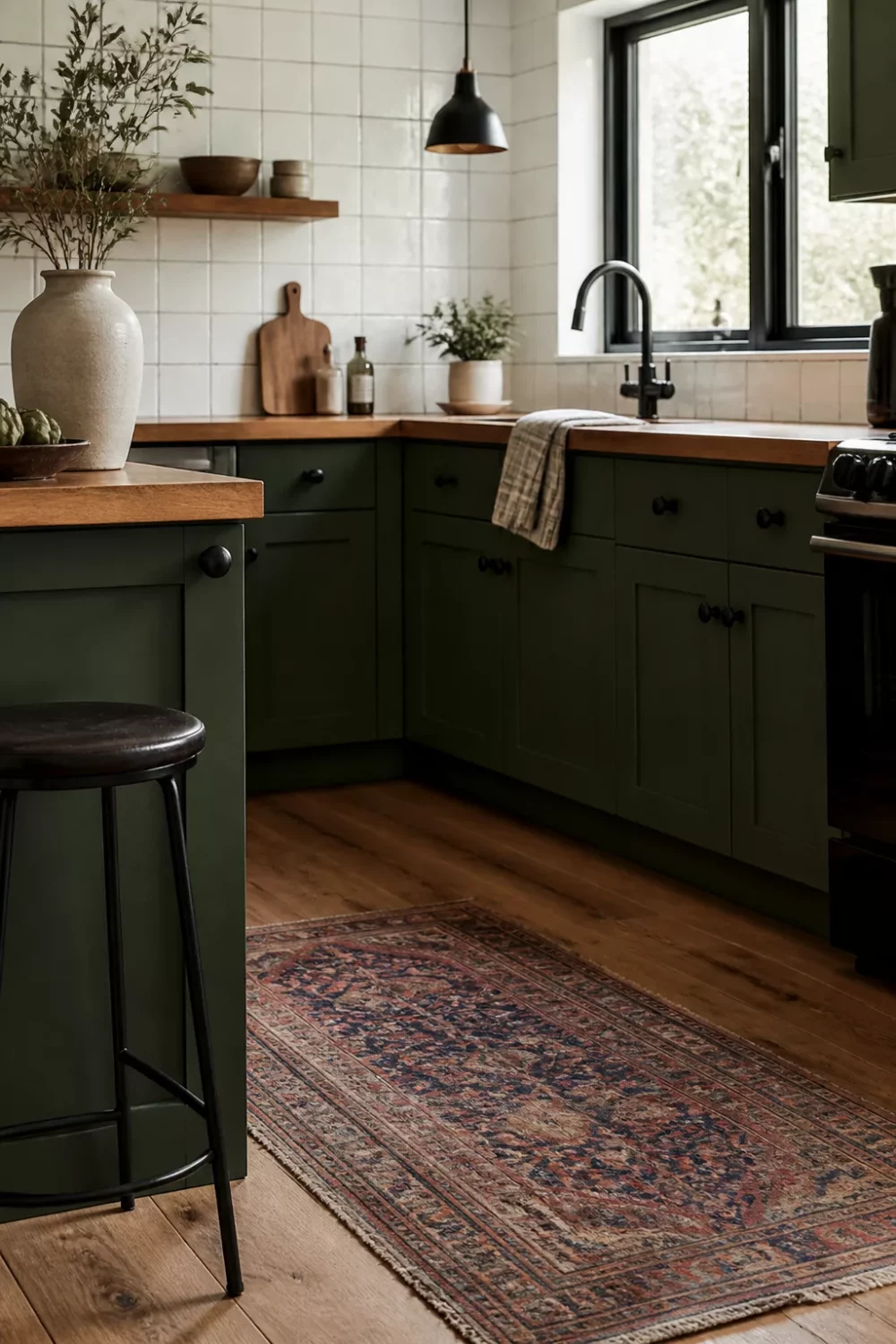 Bottle green kitchen with butcher block countertops, white tile backsplash, and a vintage Persian runner rug