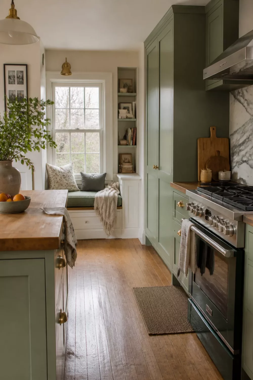 Sage green shaker kitchen with butcher block countertops, marble slab backsplash, brass hardware, and window seat