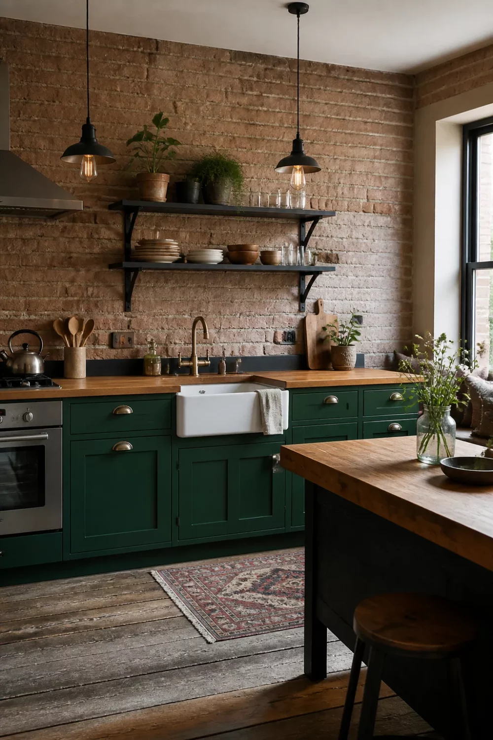 Forest green kitchen with butcher block countertops, exposed brick wall, farmhouse sink, and brass hardware