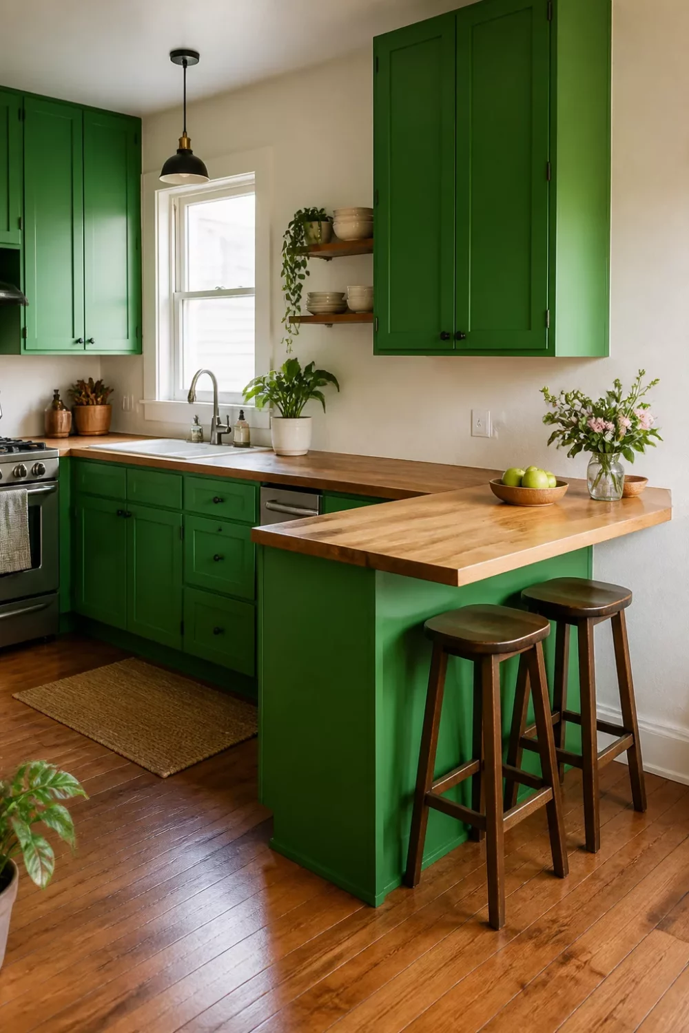 Kelly green kitchen with butcher block countertops and a peninsula breakfast bar with wood stools