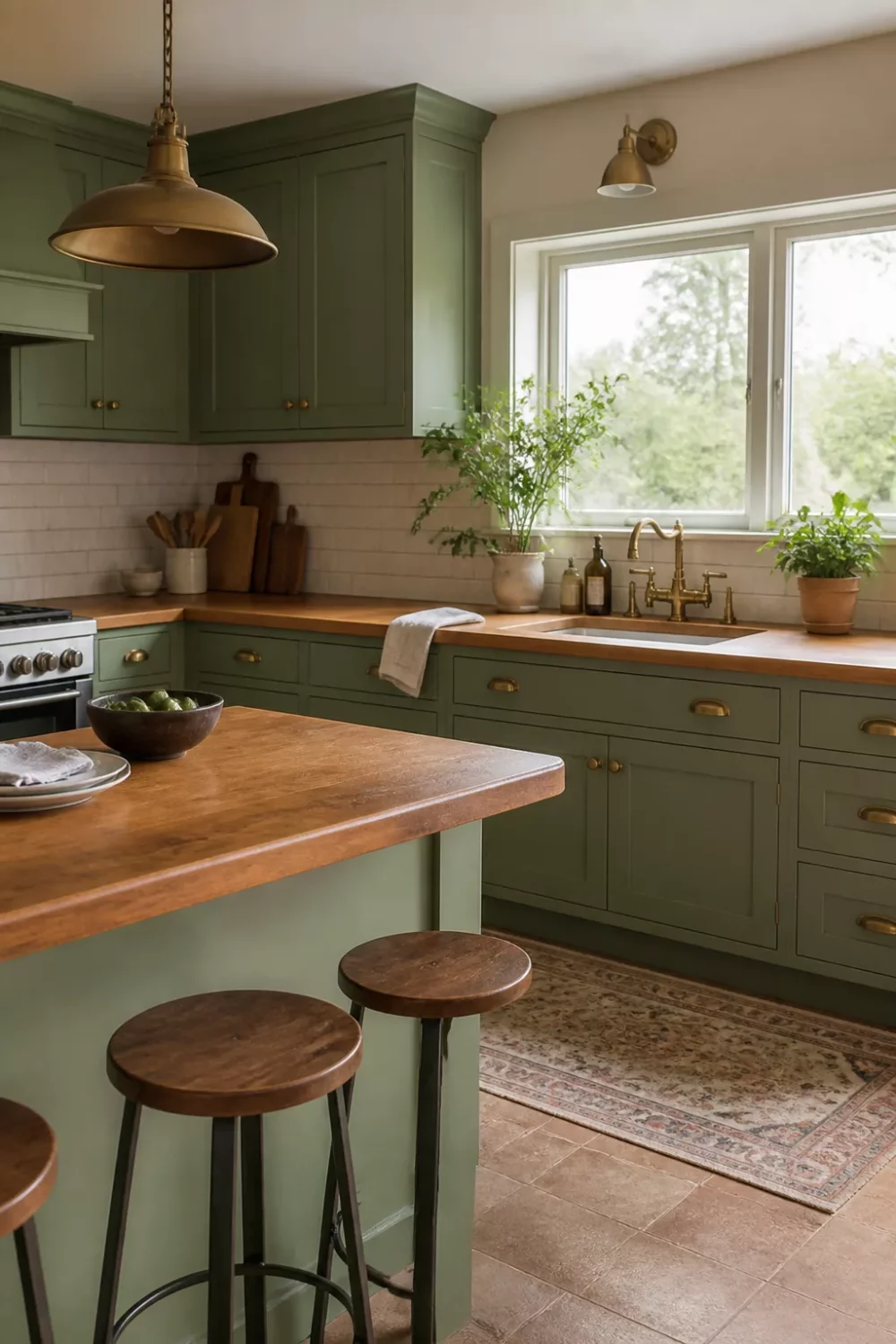Dusty green kitchen with butcher block countertops, unlacquered brass hardware, and a terracotta tile floor