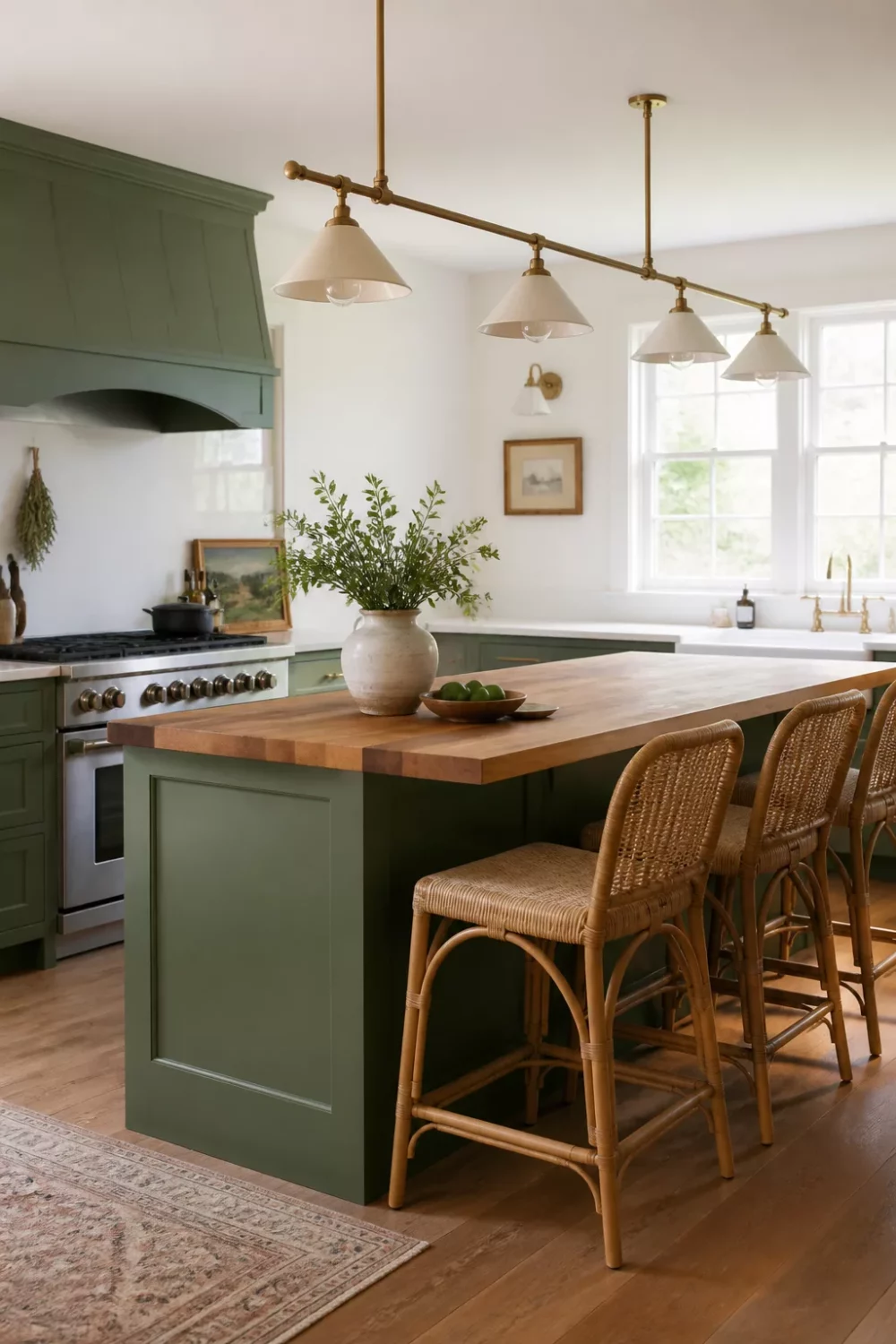 Dark sage green kitchen with butcher block countertops, rattan stools, and brass pendant light over island