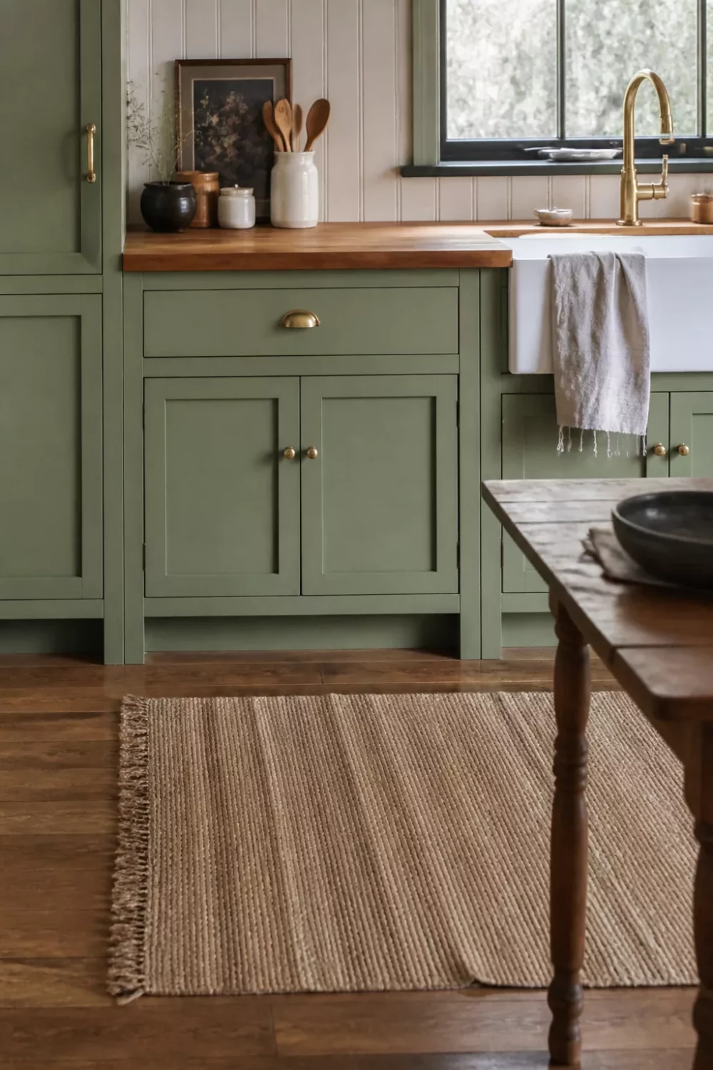 Pale eucalyptus green kitchen with butcher block countertops, shaker cabinets, tongue-and-groove paneling & brass hardware