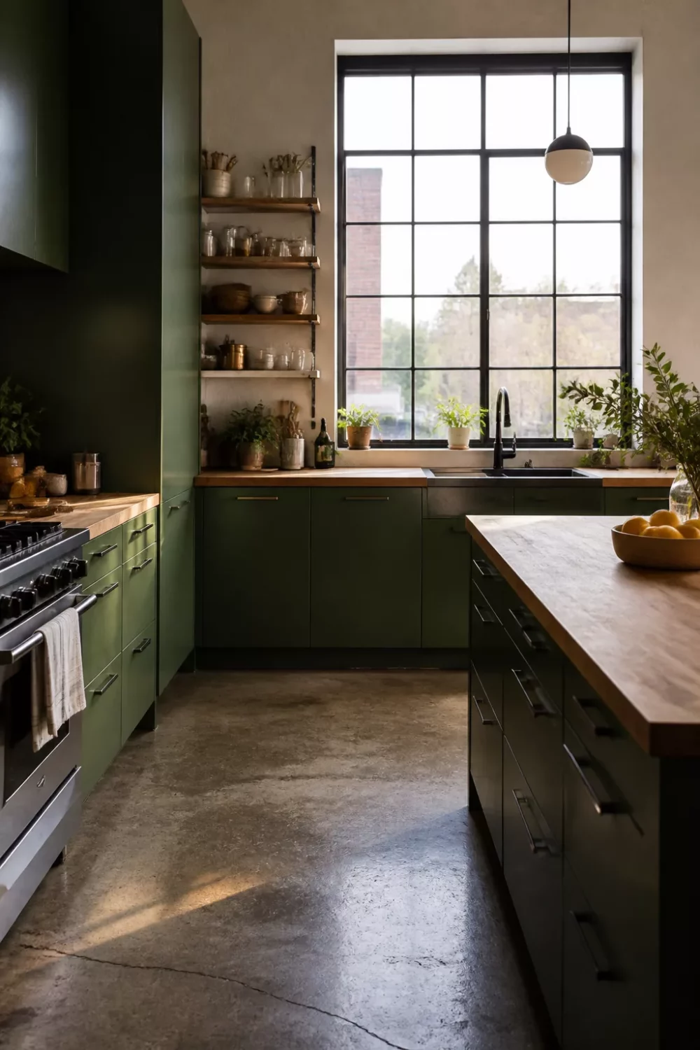 Olive green kitchen with butcher block countertops, polished concrete floors, and a large black-framed grid window.