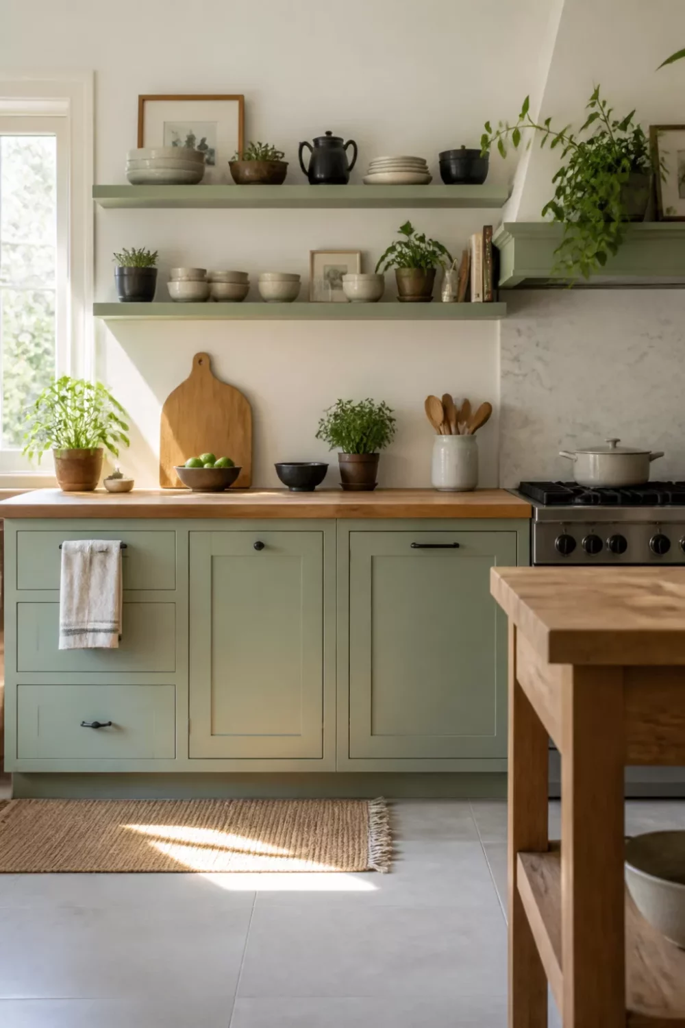Sage green kitchen with butcher block countertops, open wood shelves, ceramic bowls, and fresh herbs in natural light.
