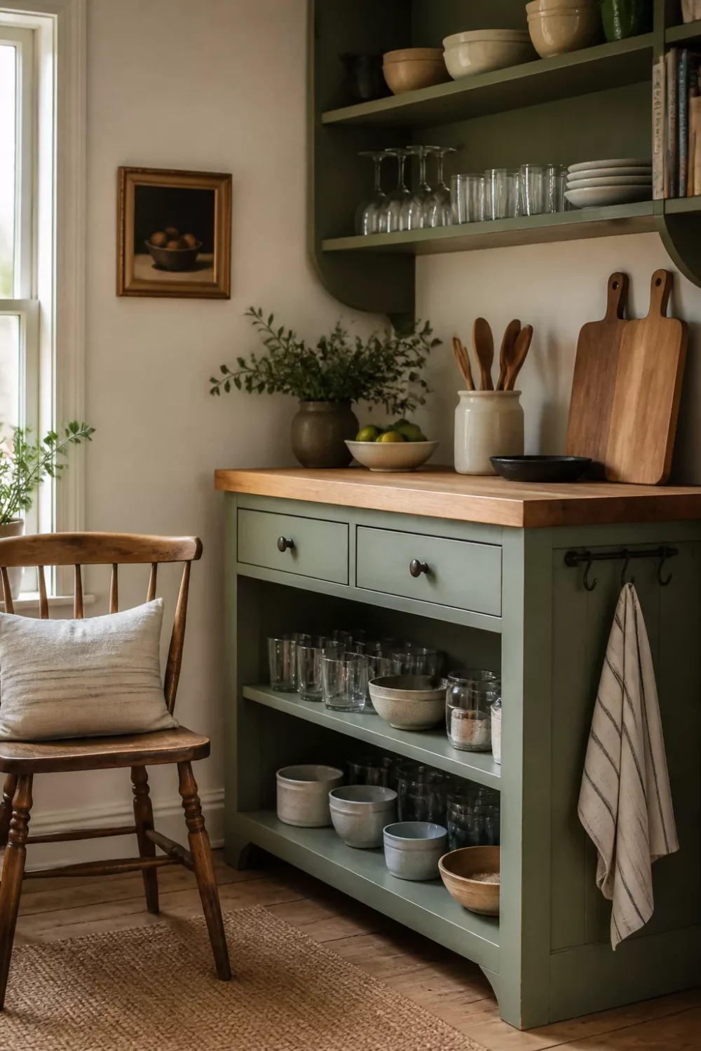Sage green freestanding dresser with butcher block countertop in a green kitchen with open shelving