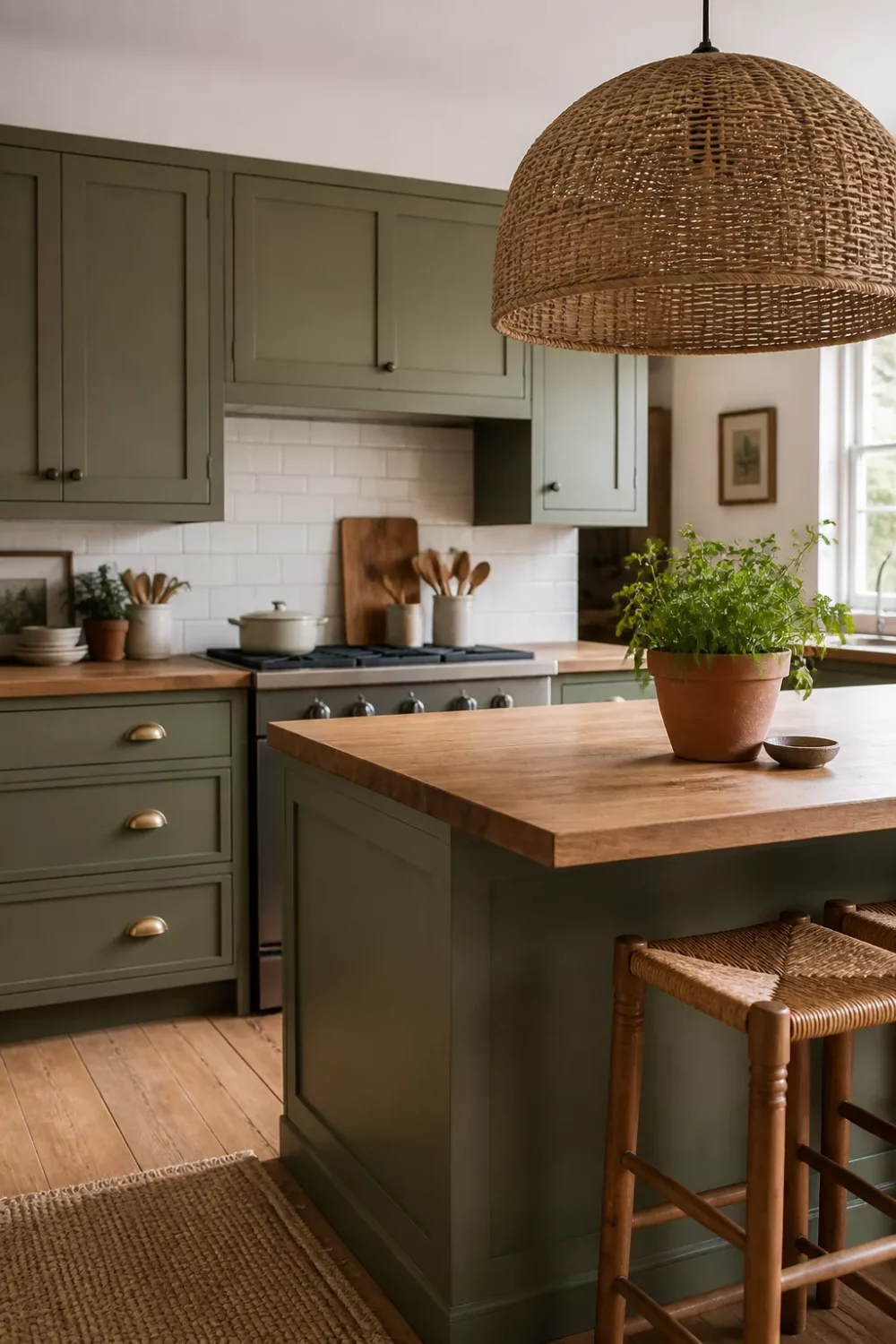 Muted olive green kitchen with butcher block countertops, wicker dome pendant, brass hardware, and wood barstools