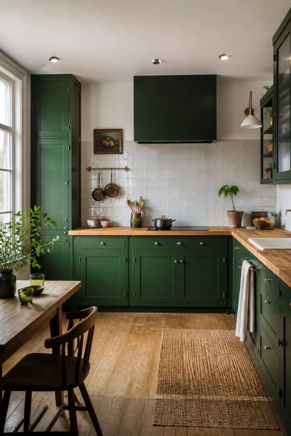 Jewel green kitchen with butcher block countertops and white zellige tile backsplash, brass hardware, wood floors