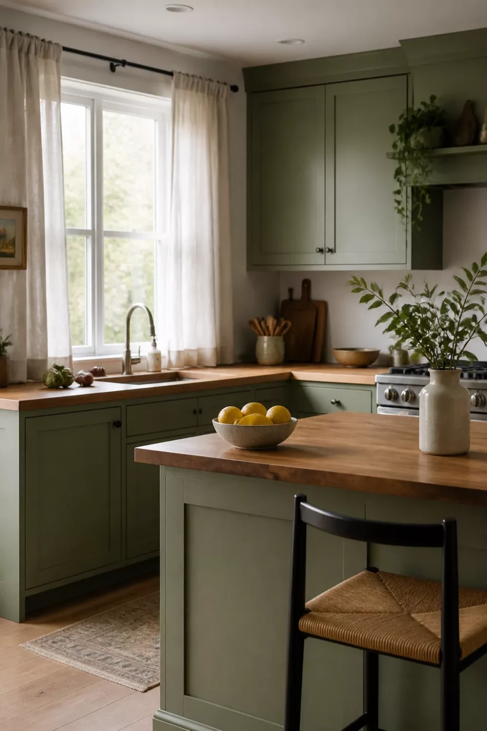 Pistachio green kitchen with butcher block countertops, sheer linen curtains, and a small island with black stool