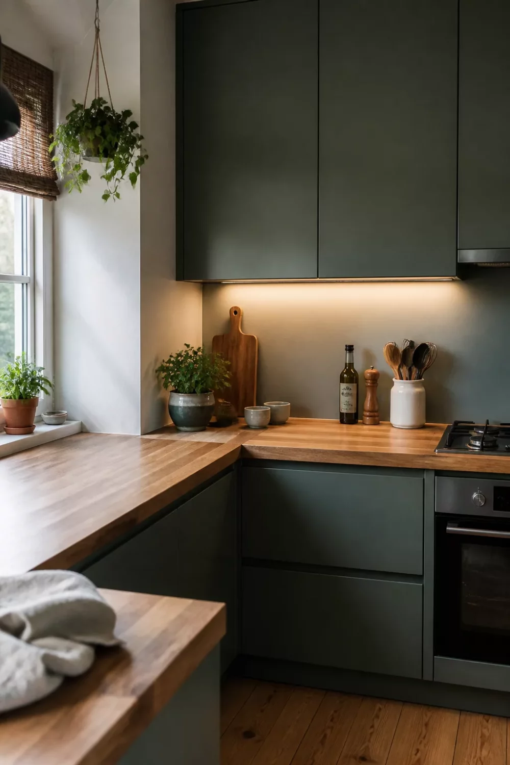 Slate green kitchen with butcher block countertops, flat-front cabinets, integrated appliances, and warm under-cabinet lighting