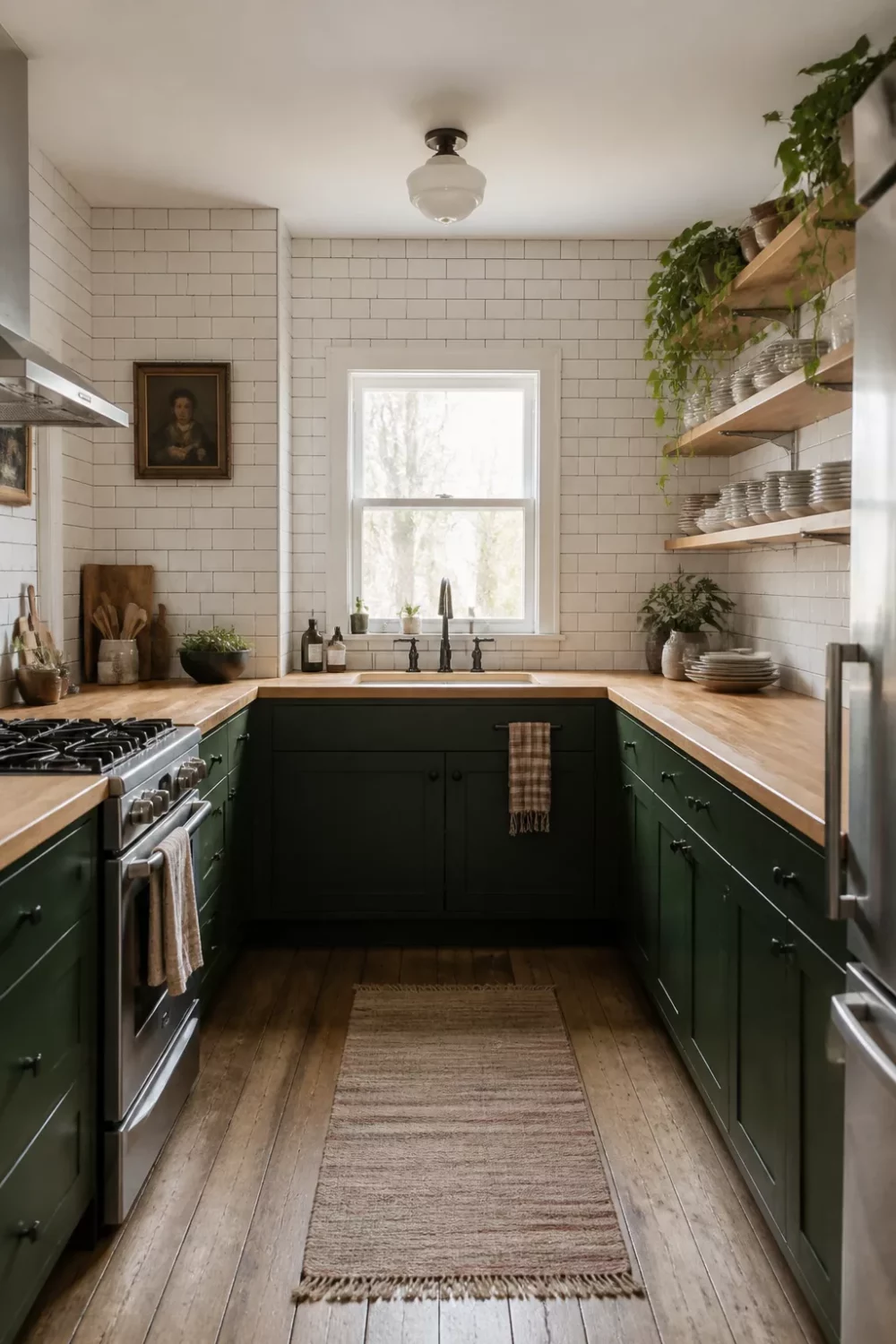 Hunter green kitchen with butcher block countertops, white subway tile backsplash, open wood shelves, and wide-plank floors.