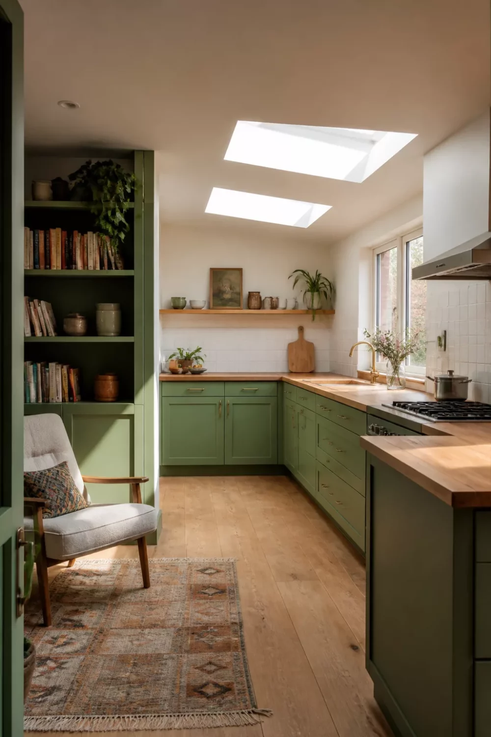 Sage green L-shaped kitchen with butcher block countertops, dual skylights, open shelving, and a cozy reading nook