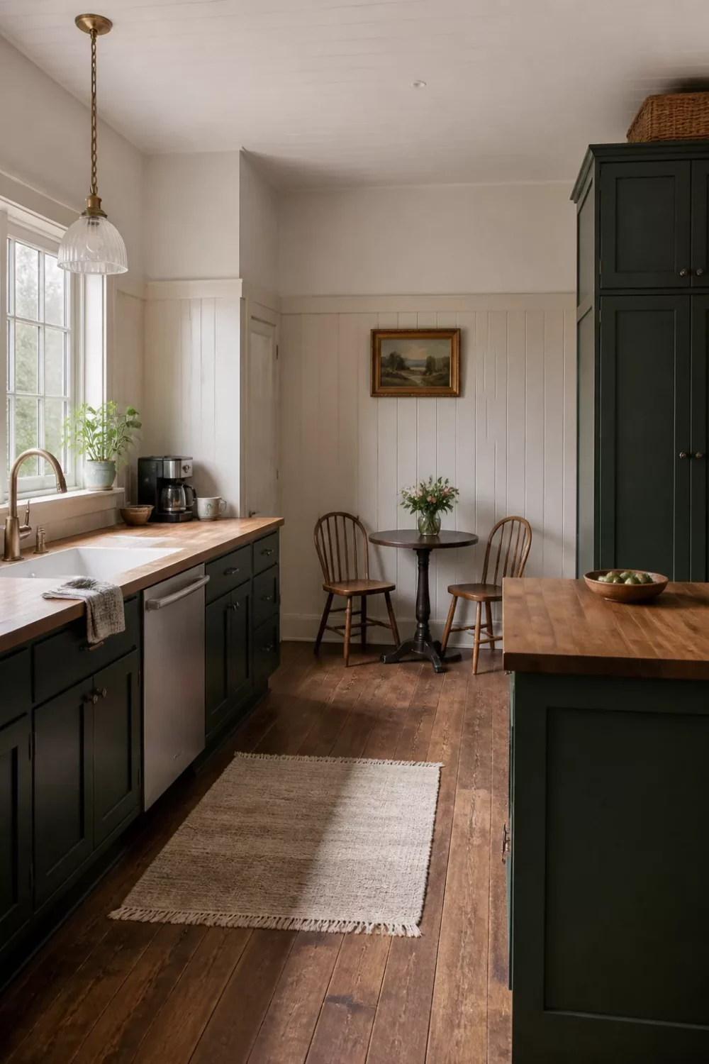 Dark green kitchen with butcher block countertops, shiplap wainscoting, wide plank floors, and a cozy bistro dining nook.