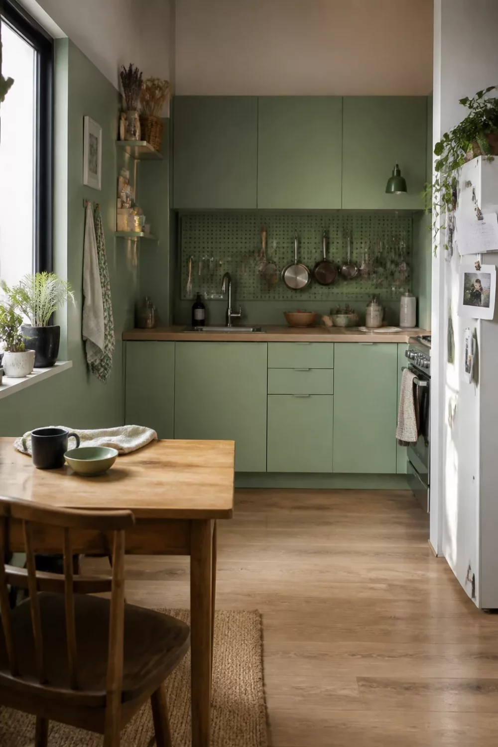 Spearmint green kitchen with butcher block countertops, flat-front cabinets, pegboard backsplash, and small wooden dining table