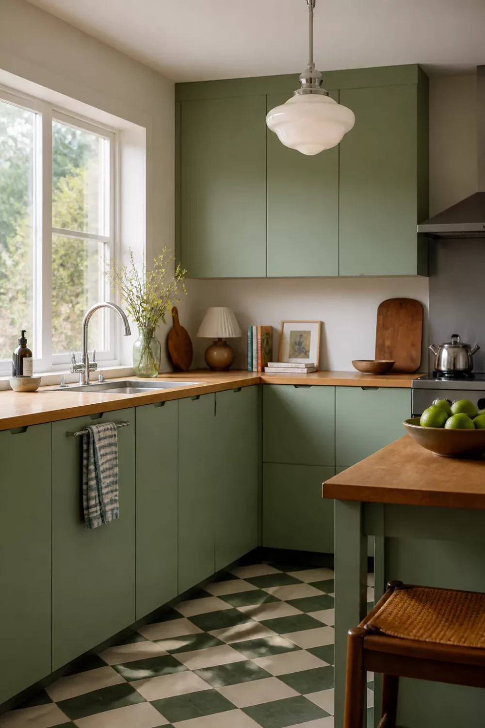Soft mint green kitchen with butcher block countertops, flat-front cabinets, and green checker tile floor.