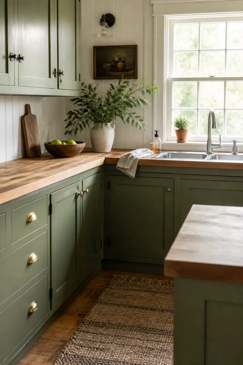 Olive green kitchen with butcher block countertops, brass cup pulls, black iron cabinet latches, and beadboard walls