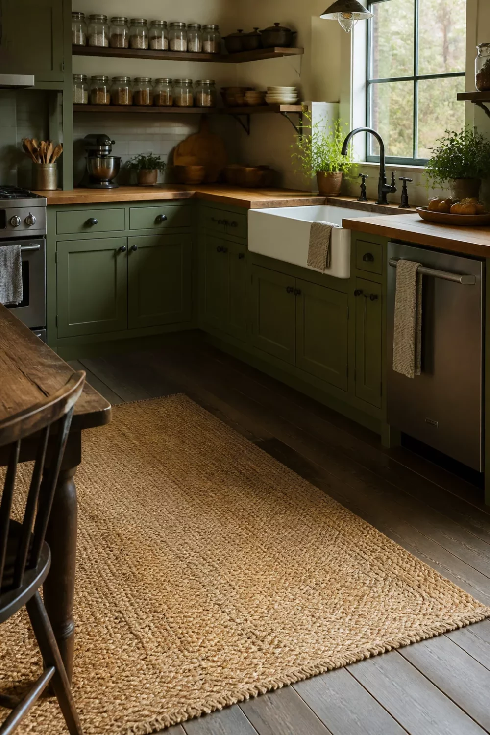 Olive green kitchen with butcher block countertops, apron sink, jute rug, and open shelving with glass jars