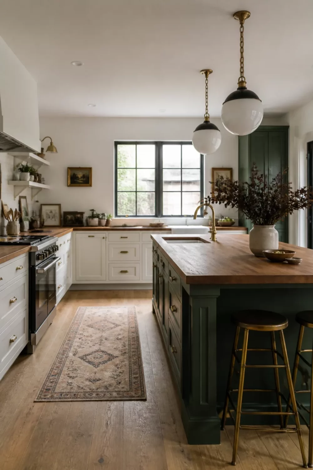 Green kitchen with butcher block countertops featuring an emerald island, globe pendants, and brass hardware