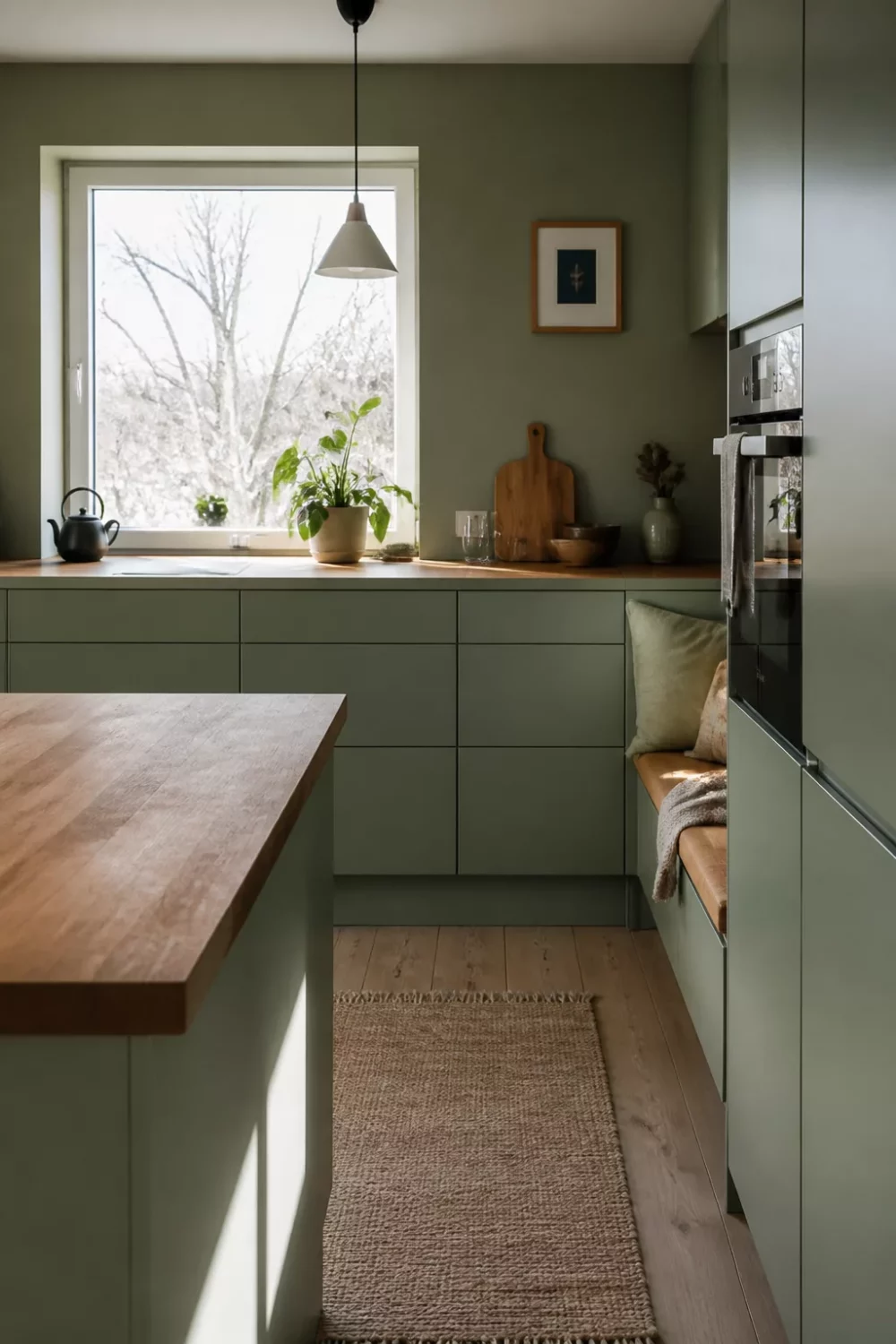 Celadon green kitchen with butcher block countertops, flat-front cabinets, built-in bench seat, and jute runner