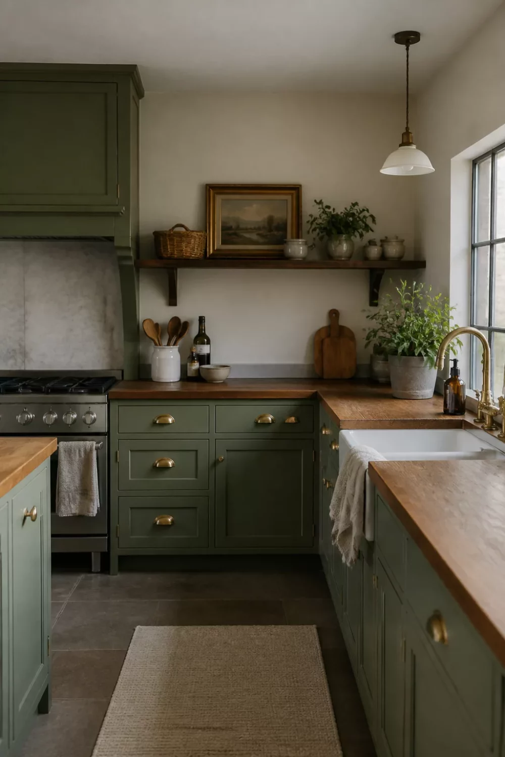 Muted sage green kitchen with butcher block countertops, brass cup pulls, and a farmhouse sink by a window.