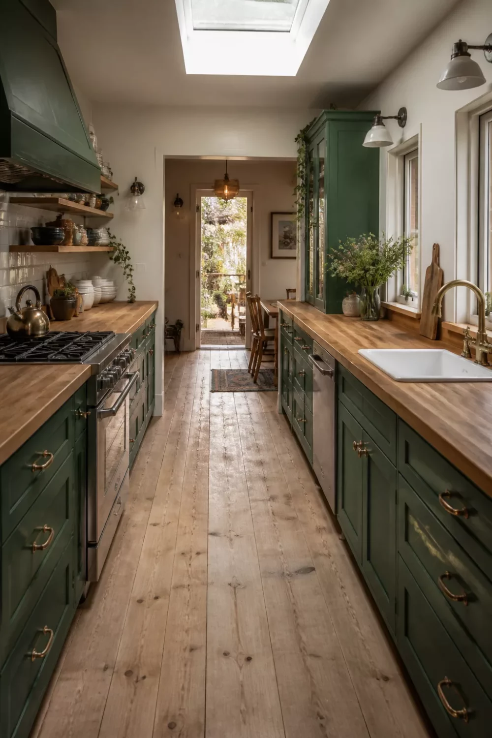 Deep green galley kitchen with butcher block countertops, brass hardware, and a skylight overhead