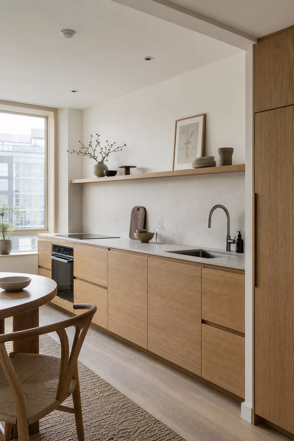 One-wall oak kitchen showing efficient Japandi apartment kitchen layouts with open shelving