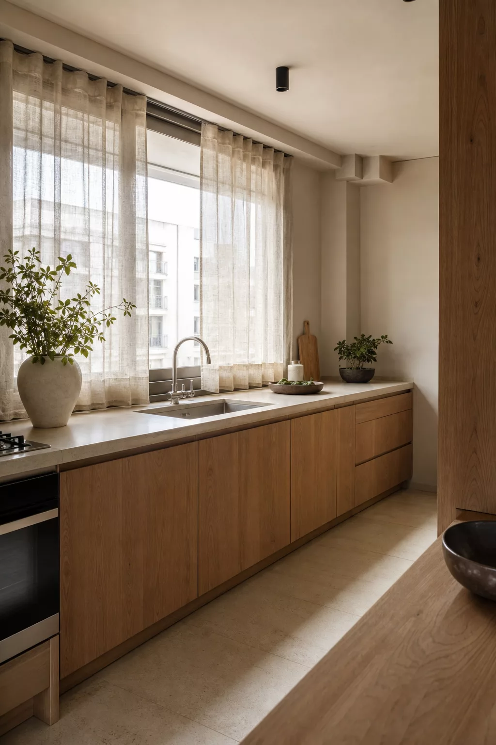 Window-facing single run layout in a Japandi apartment kitchen with linen sheers and oak cabinets