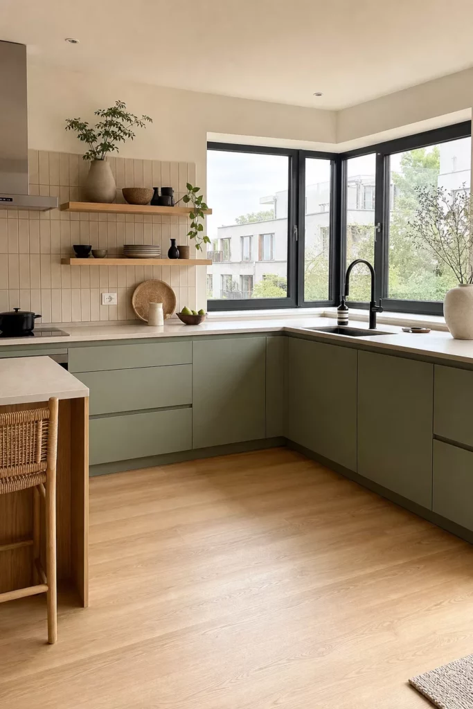L-shaped Japandi apartment kitchen layout with sage cabinets and corner window