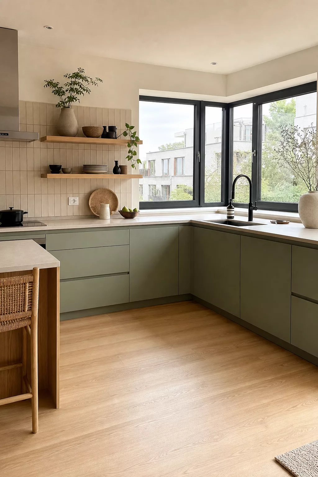 L-shaped Japandi apartment kitchen layout with sage cabinets and corner window