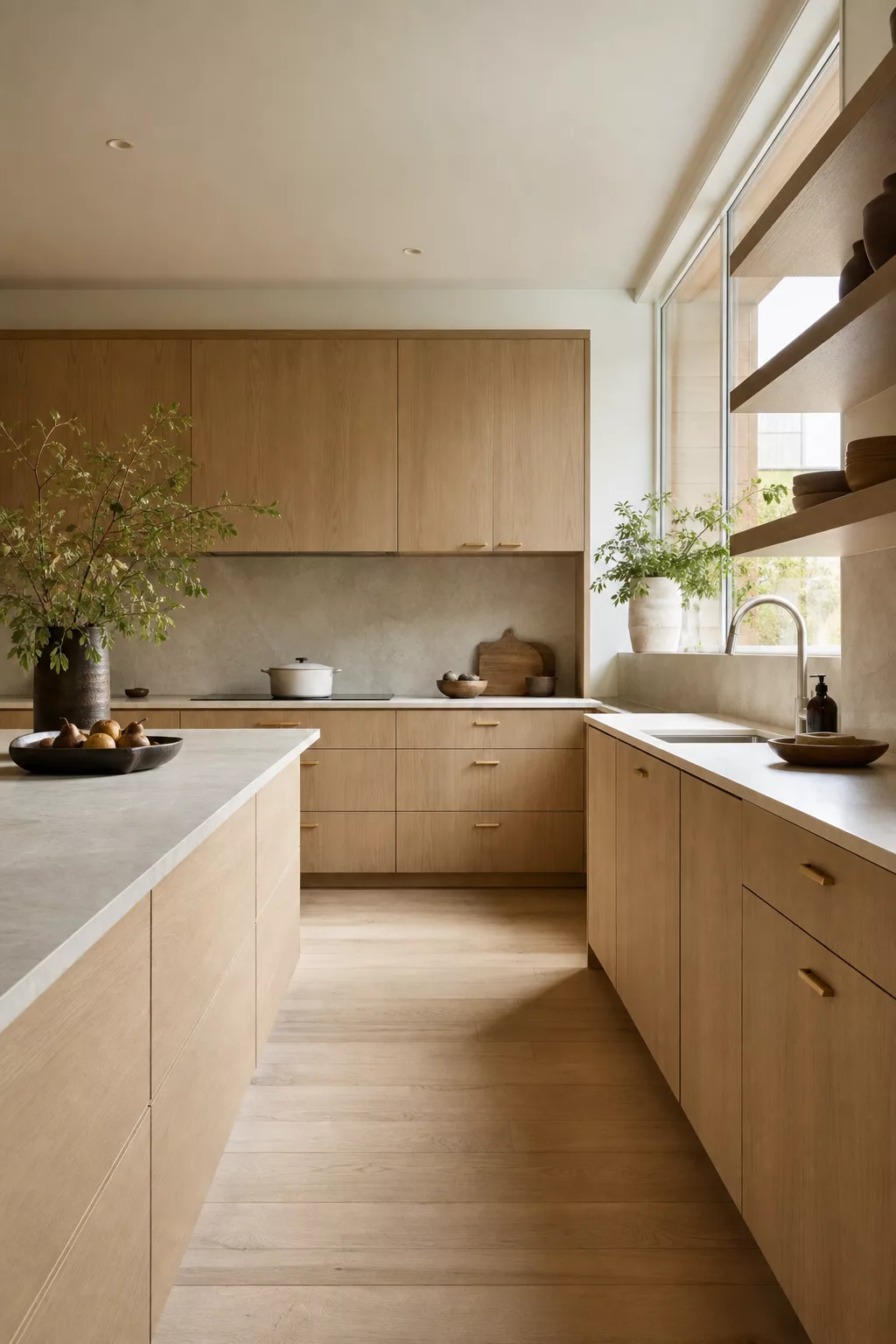 White oak slab cabinets in a minimalist Japandi kitchen design ideas feature