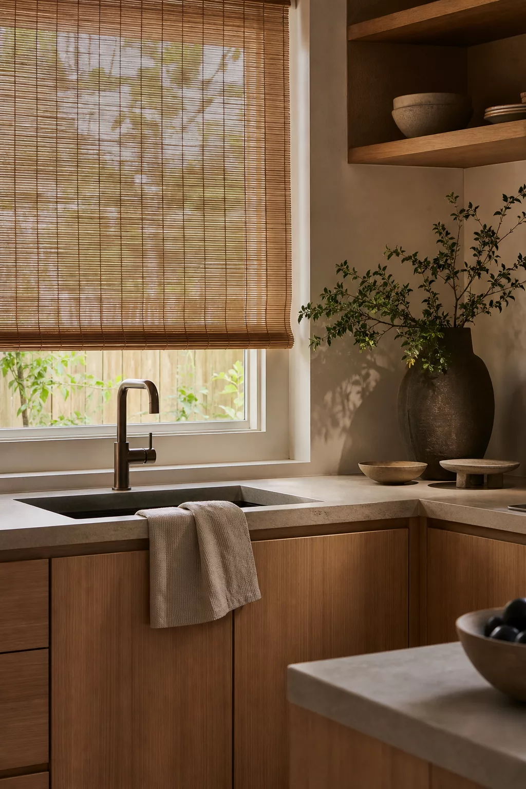 Bamboo roller blind over kitchen sink, a Japandi Kitchen Design Ideas detail with oak cabinetry