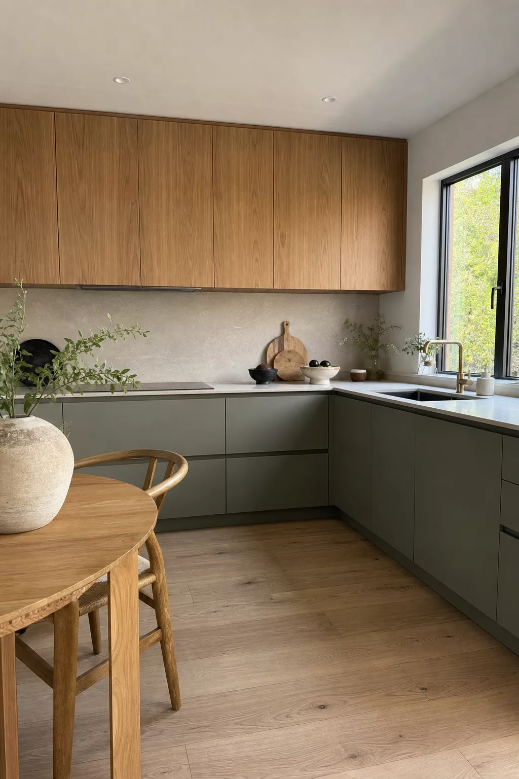 Sage green and oak two-tone cabinetry in a Japandi kitchen design ideas layout