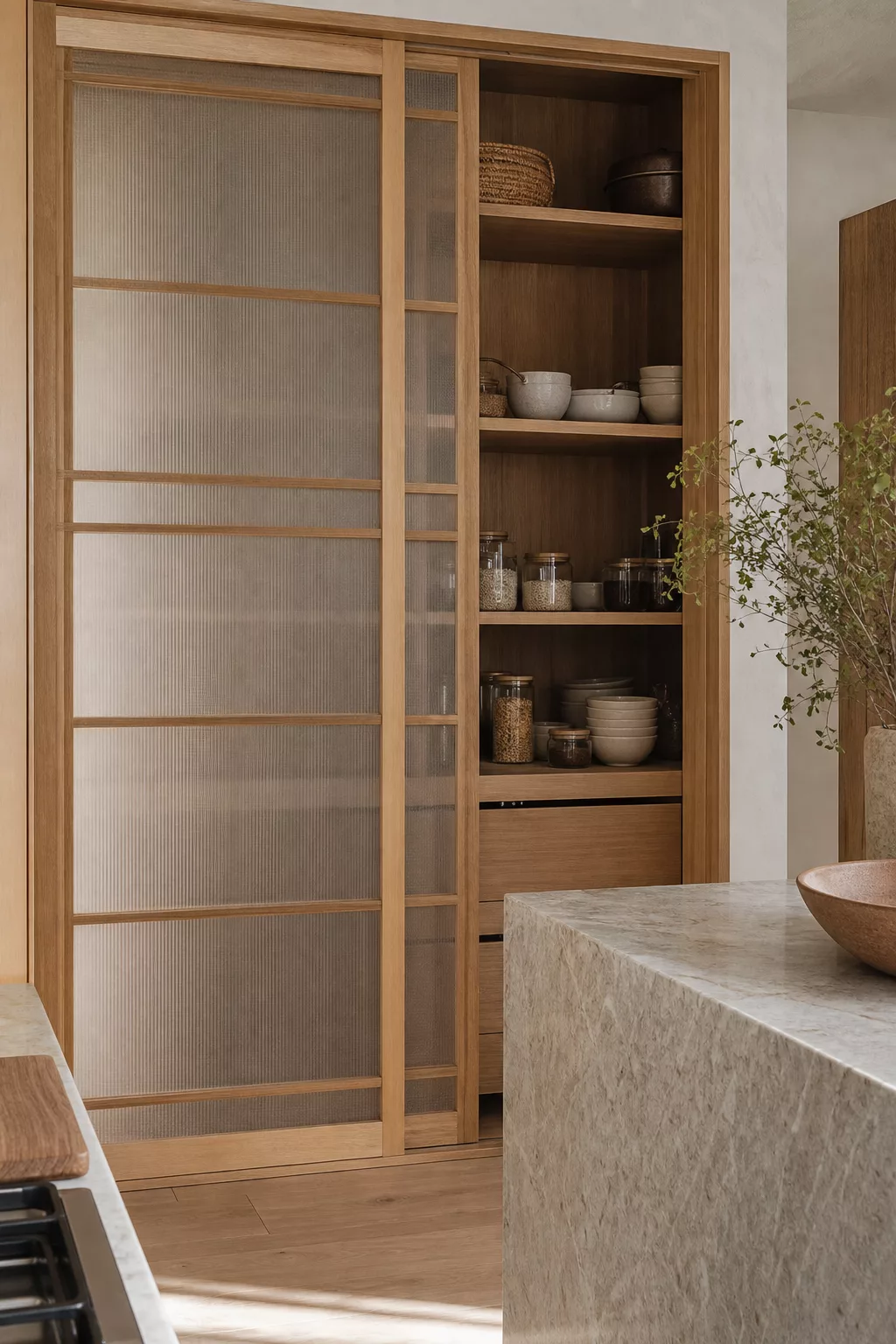 Reeded glass sliding pantry doors in oak frame, a Japandi kitchen design idea