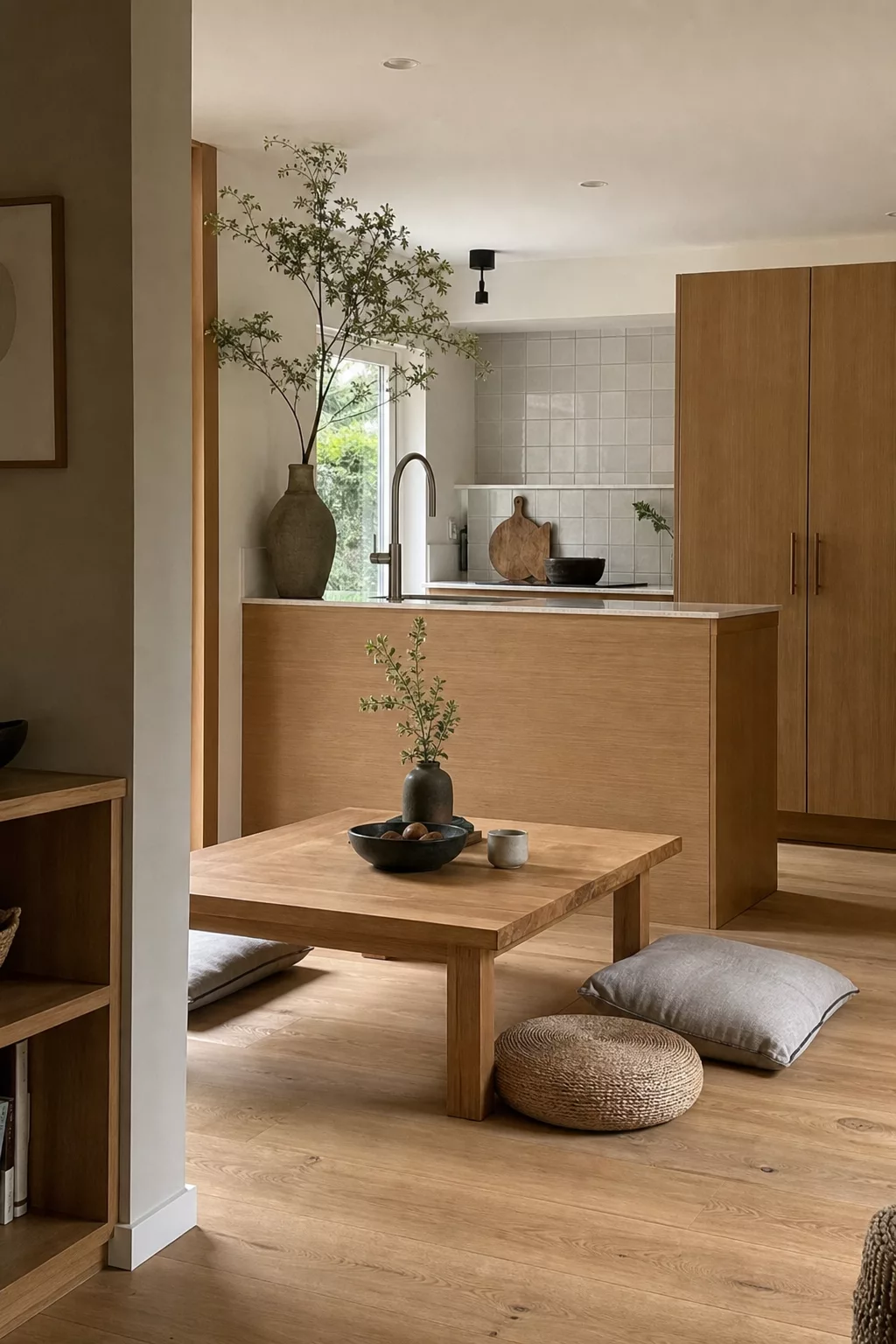 Low wood dining table with floor cushions, a Japandi kitchen design idea for a breakfast nook