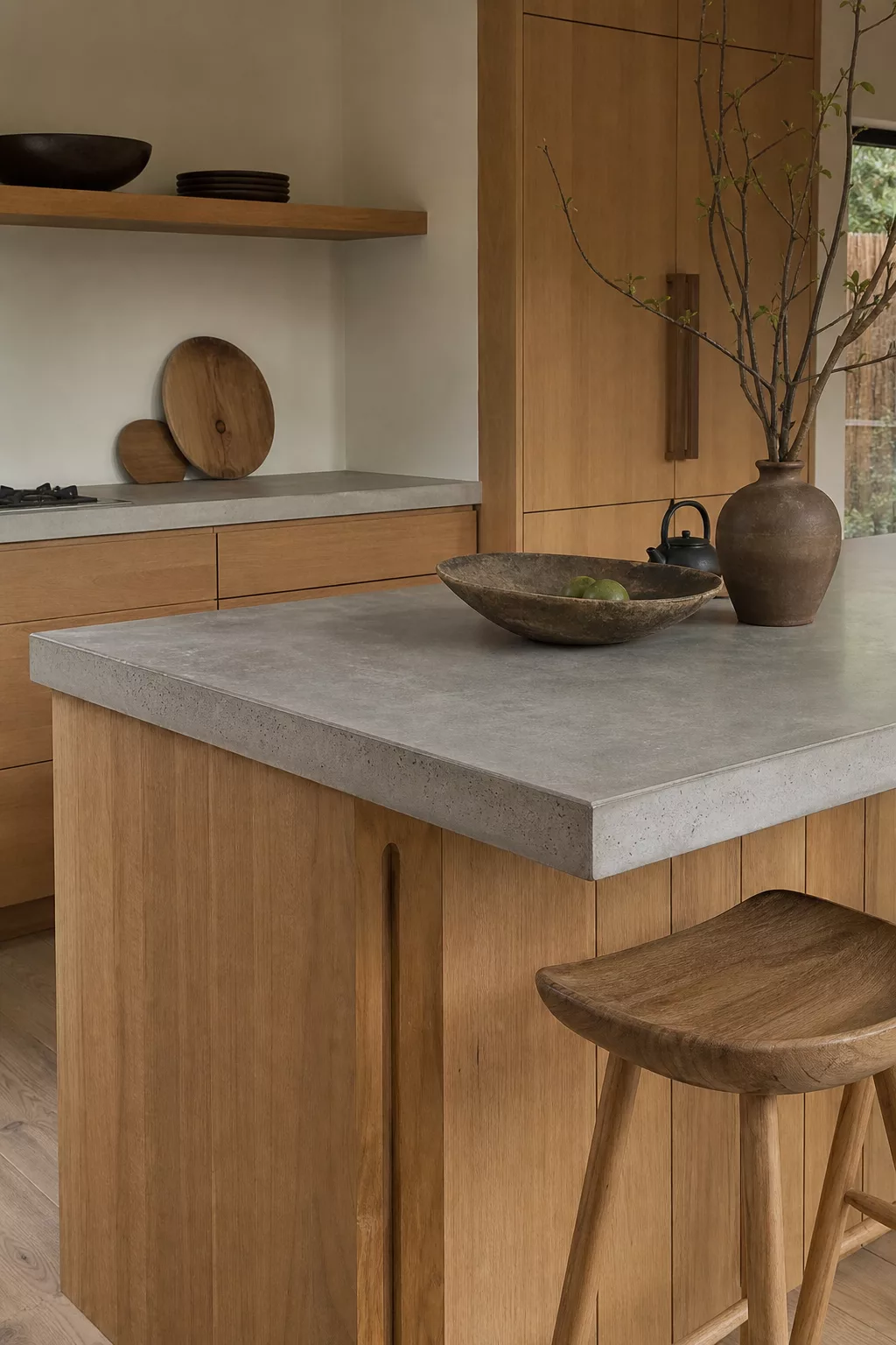 Concrete counter and timber island base in a Japandi kitchen design ideas feature