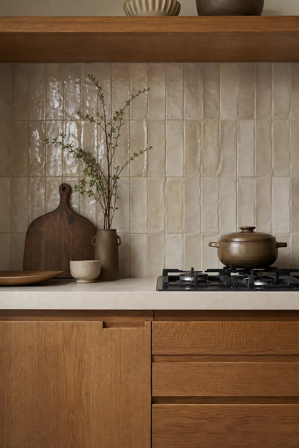 Handmade cream ceramic backsplash tiles in a Japandi Kitchen Design Ideas feature