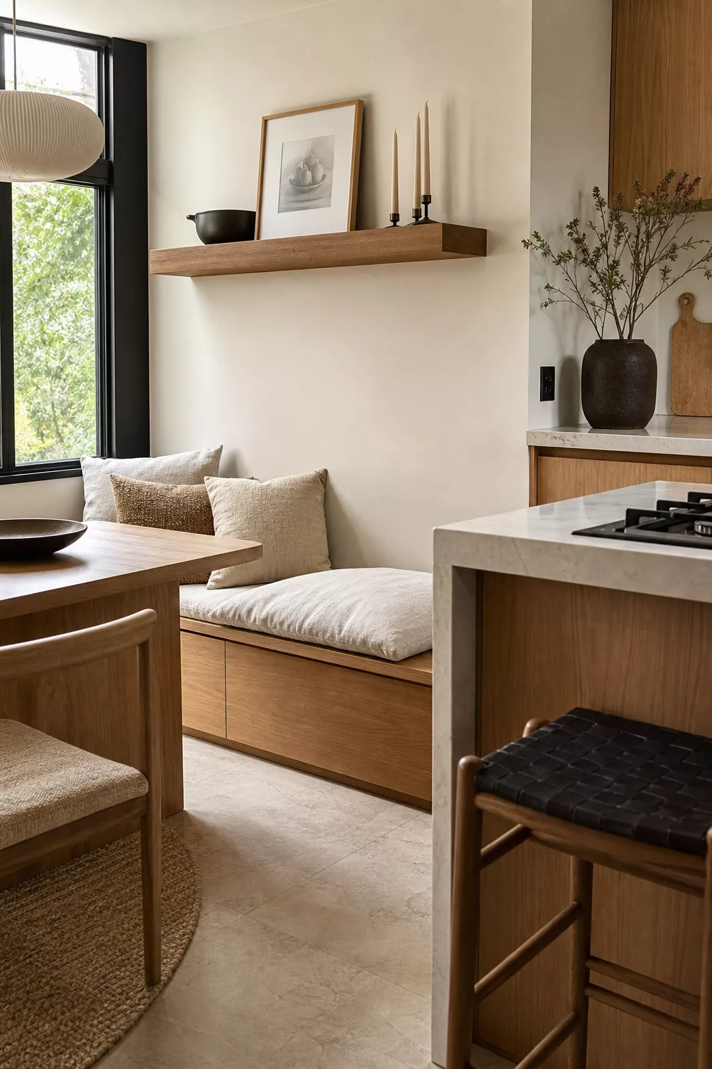 Built-in wood bench with linen cushions in a Japandi kitchen design ideas corner