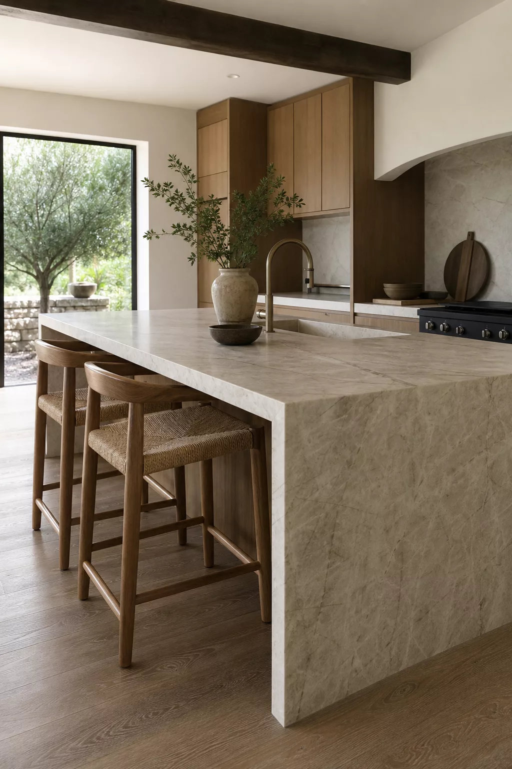 Stone waterfall island with wood stools, a Japandi kitchen design ideas example