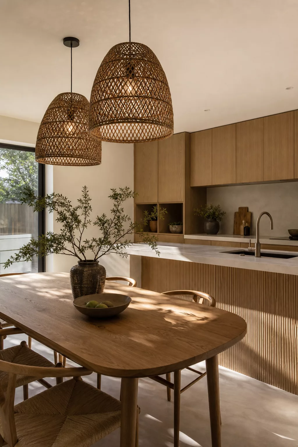Woven rattan pendant lights over oak dining table, a Japandi kitchen design idea